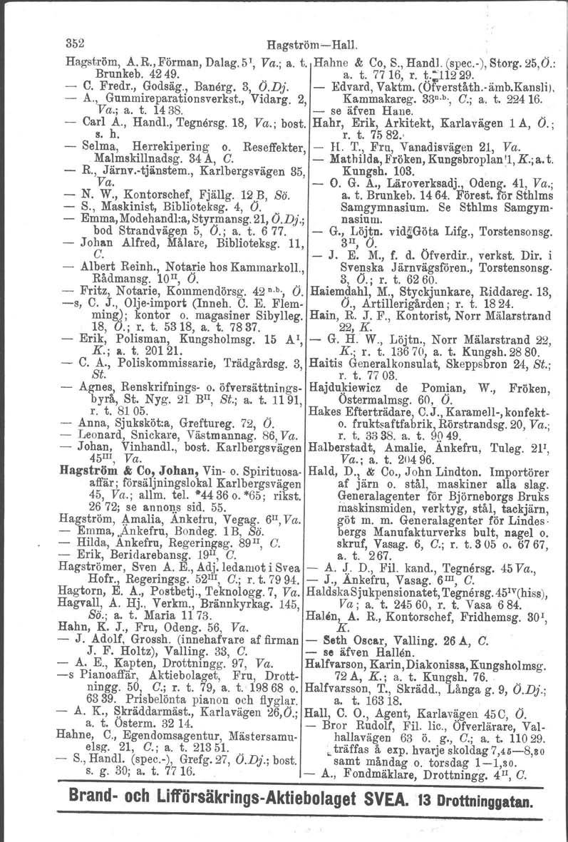 S52 HagströmHall. Hagström, A. R., Förman, Dalag.5', Va.; a. t. Hahne & Co, S., Hand!. (spec.«), Storg. 25,Ö.: Brunkeb. 4249. a. t. 77 16, r. t.~112 29. C. Fredr., Godsäg., Banärg. S, Ö.Dj.