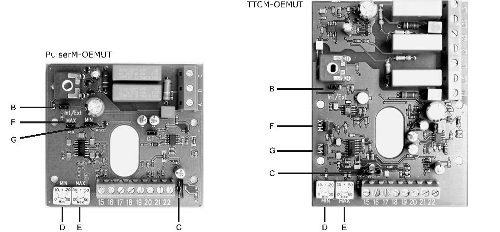 WA ARSCHUWING! De printplaat staat onder spanning, zodra de voedingsspanning aangesloten is. B = Jumper (Int/Ext) moet KORTGESLOTEN zijn. C = Trimpotentiometer is af fabriek ingesteld.
