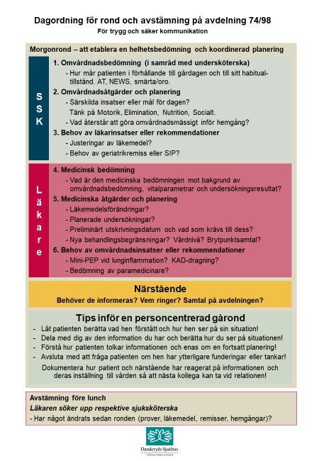 Morgonronden är en pusselbit för god kommunikation, inte en läkarmonolog Tydlig ansvarsfördelning, syfte och mål Sjuksköterskan inleder ronden