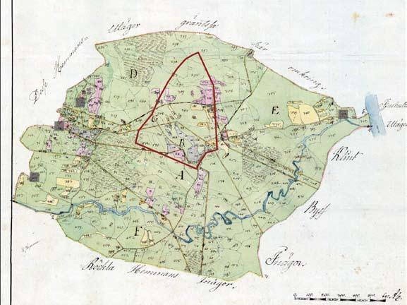 Fig. 5. Mellangården, Nilsagården och Kvarnagård vid storskiftet 1825. Gårds tomterna har markerats.