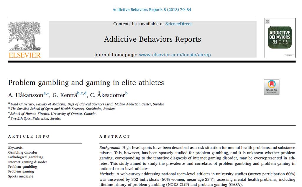 352 elitidrottare i Sverige. 7% problemspelande någonsin (14% av män, 1% av kvinnor, p<0.001).