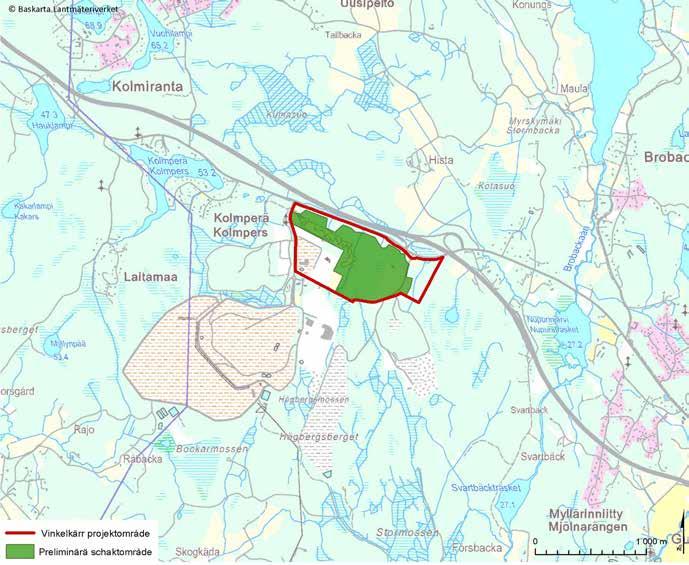 3 Bild 2. Placeringen av Vinkelkärr I MKB-förfarandets projektområde och det preliminära schaktområdet på Lantmäteriverkets grundkarta.
