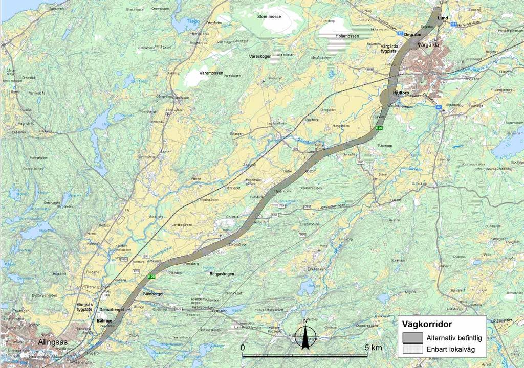 3.6 Korridor längs befintlig väg Allmänt De första två kilometerna, till söder om Tokebacka, är korridoren gemensam för samtliga tre korridorer.