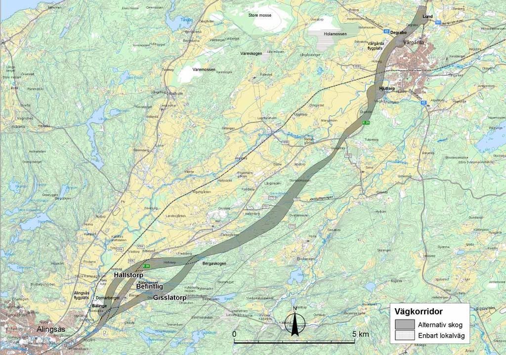 3.7 Skogskorridoren Allmänt Här beskrivs möjliga sträckningar för dragning av ny E 20 i Skogskorridoren för de två varianterna via Hallstorp respektive Gisslatorp.