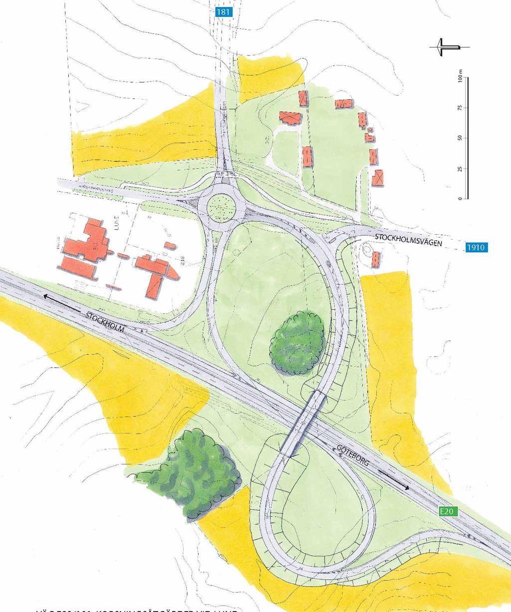 3.4:3 Väg E 20/181. Korsningsåtgärder vid Lund. Förslag till planskild trafikplats med bro över E 20. 3.