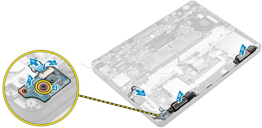 Installera högtalarna 1. Placera högtalarna i öppningarna på datorn. 2. Placera LED-kortet. 3. Dra åt skruvarna som håller fast LED-kortet i datorn. 4.