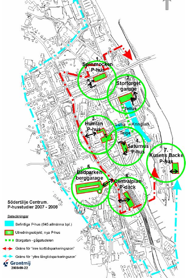 33 4.2 Studerade alternativ Tidigare studerade alternativ I en rapport från Grontmij 2008 görs en sammanfattning av sju parkeringsprojekt i Södertälje centrum. Figuren nedan visar lokaliseringen.