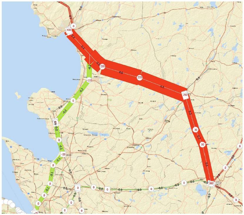 81 (122) Figur 25 En jämförelse mellan resandeutvecklingen på Markarydsbanan som funktion av etablering av ett tåg per timme och riktning (höger) och ett tåg varannan timme och riktning (vänster).