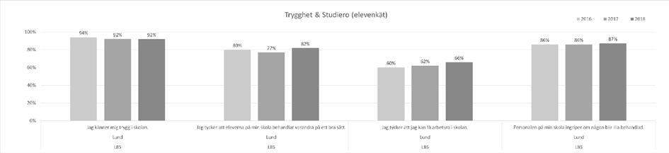 Enligt likabehandlings- och värdegrundskartläggningen HT 2017 (diagram ovan) upplever 97 procent av eleverna sig trygga på skolan. HT 2016 var siffran 96 procent.