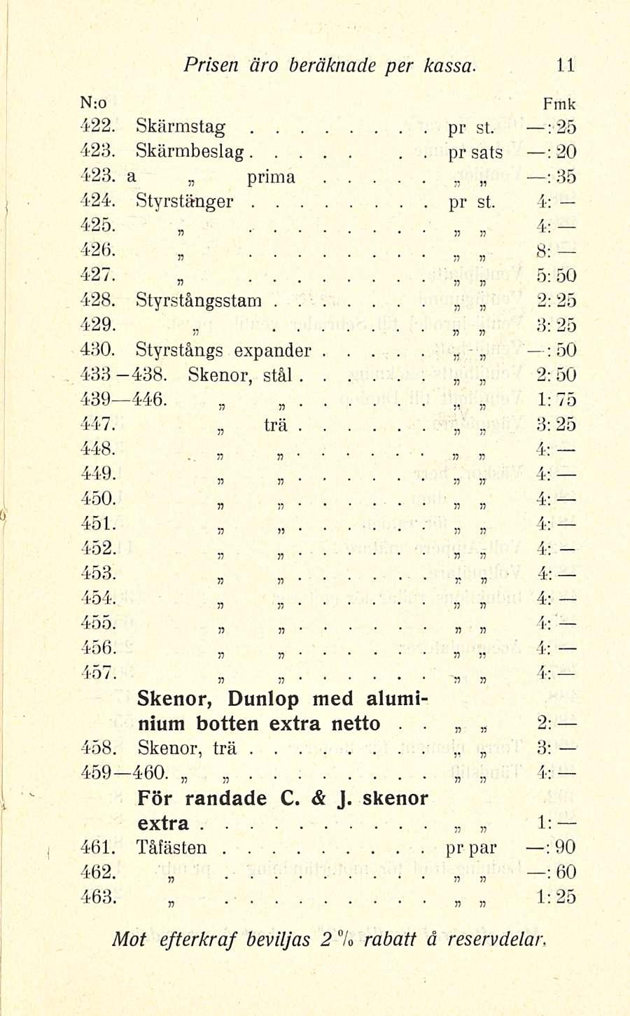 pr Prisen äro beräknade per kassa 2:25 ; 3:25 4; 1: 422 Skärmstag pr st : 25 423 Skärmbeslag sats : 20 423 a prima : 35 424 Styrstänger pr st 4: 425» *» 4: i26 n n 3; 427, 5:50 428 Styrstångsstam 429