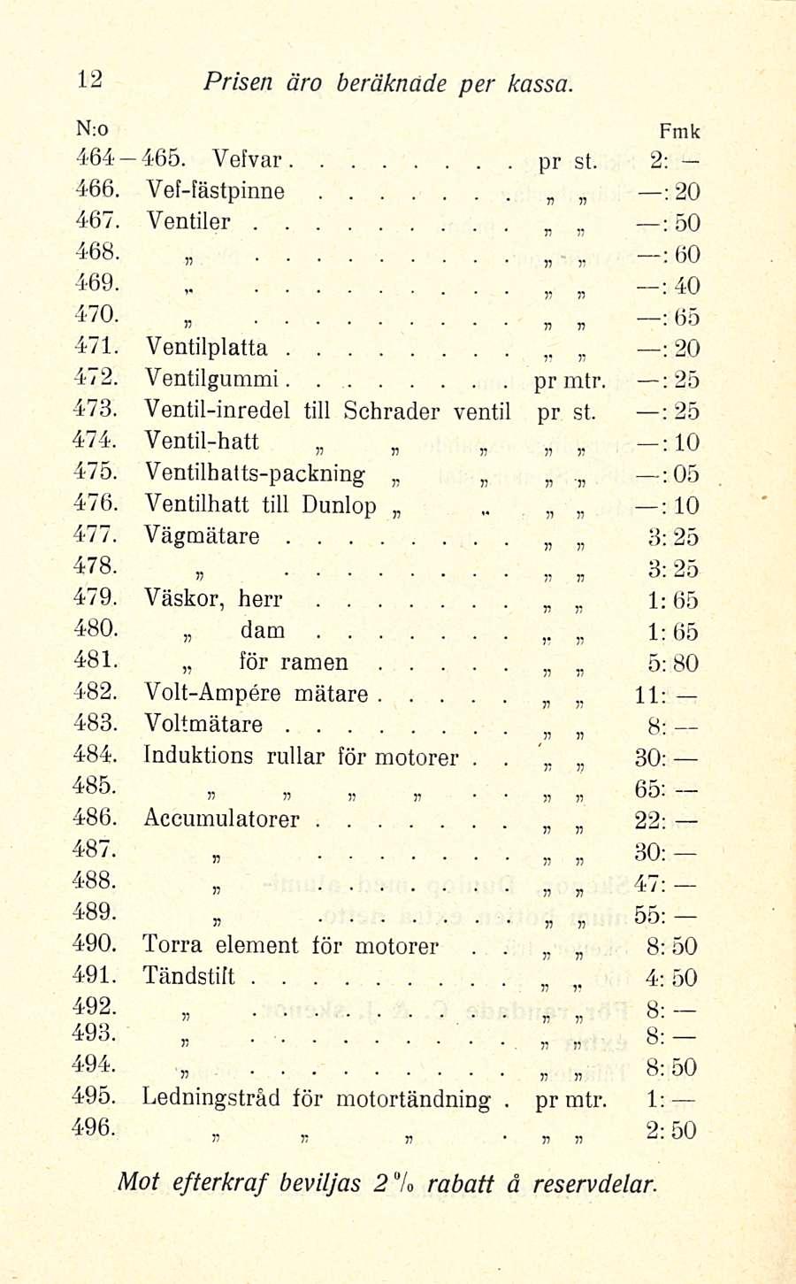 12 Prisen äro beräknade per kassa 464 465 Vefvar pr st 2; 466 Veffästpinne : 20 467 Ventiler : 50 468» : 60 469 :40, 47» v v 65 471 Ventilplatta : 20 472 Ventilgummi prmtr ; 25 473 Ventilinredel till