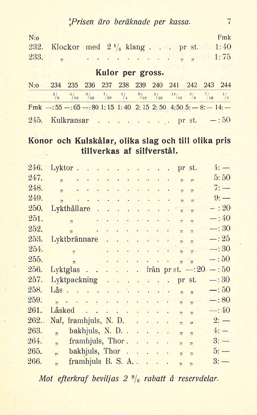 ~ pr Prisen äro beräknade per kassa 232 Klockor med 2 */ 8 klang st 1:40 233 1:75 Kulor per gross N:0 234 235 236 237 238 239 240 241 242 243 244 1/ öl 8/ 7/ 1/ 9/ 5/ 11/ 8/ 7/ 1/ /8 /32 /16 /8?