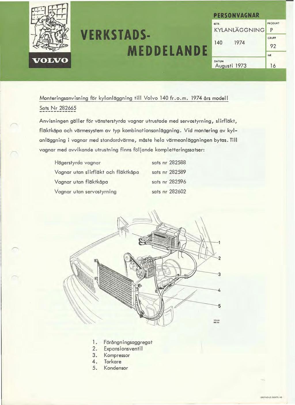 PERSONVAGNAR VERKSTADS MEDDELANDE KYLANLÄGGNNG 140 1974 ~----------------~ ". PRODUKT P ~-- GRUPP 92 16 Monteringsonvisning för kylanläggning till Volvo 140 fr.o.m.