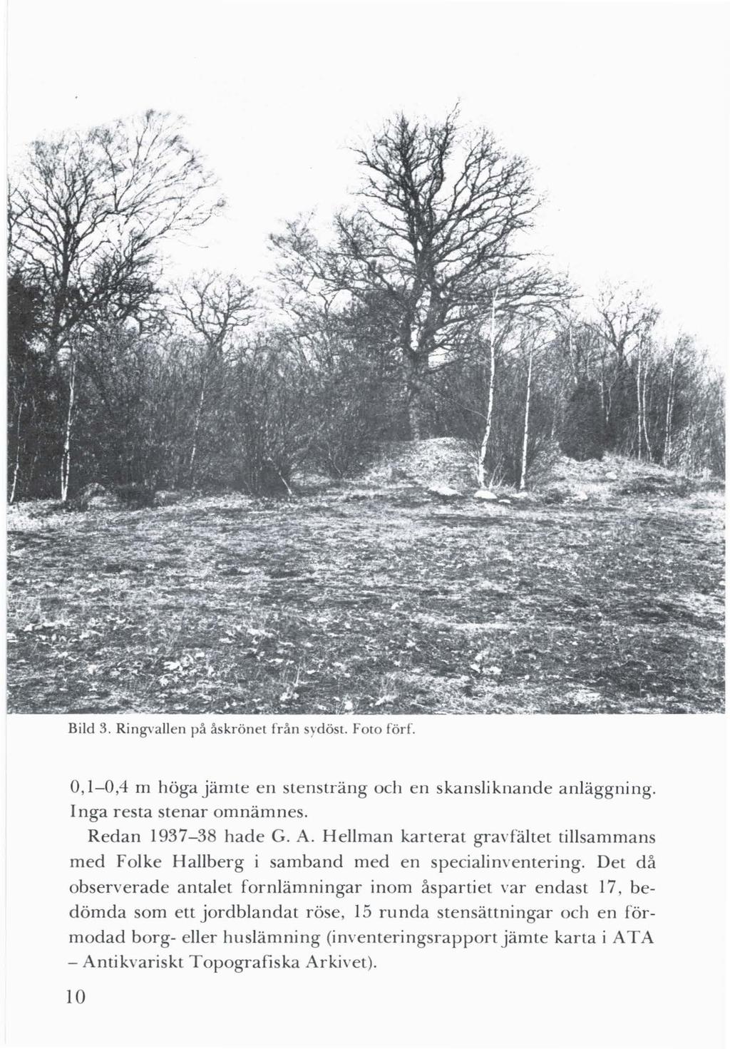 Bild 3. Ringvallen på åskrönet från sydöst. Foto förf. 0, 1-0,4 m höga jämte en stensträng och en skansliknande anläggning. Inga resta stenar om nämnes. Redan 1937-38 hade G. A.