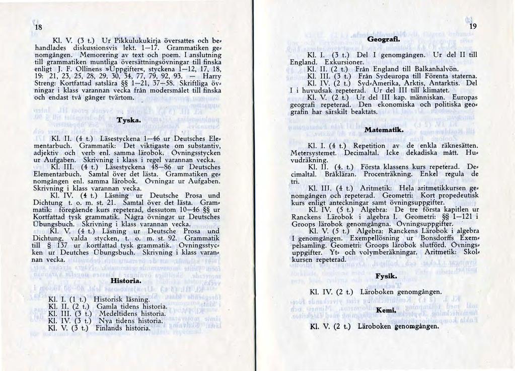 18 Kl. V. (3 t.) Ur Pikkulukukirja översattes och behandlades diskussionsvis lekt. 1-17. Grammatiken genomgången. Memorering av text och poem.