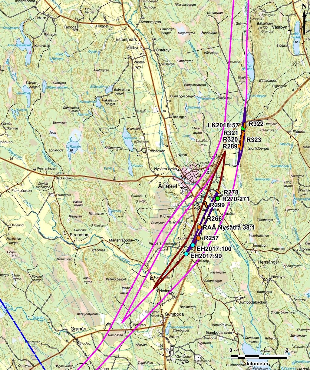 Figur III. Registrerade fornminnen och områden för kontroll i utredningssteg 2, inom 2018 års tilläggsområden i Nysätra socken, Robertsfors kommun.