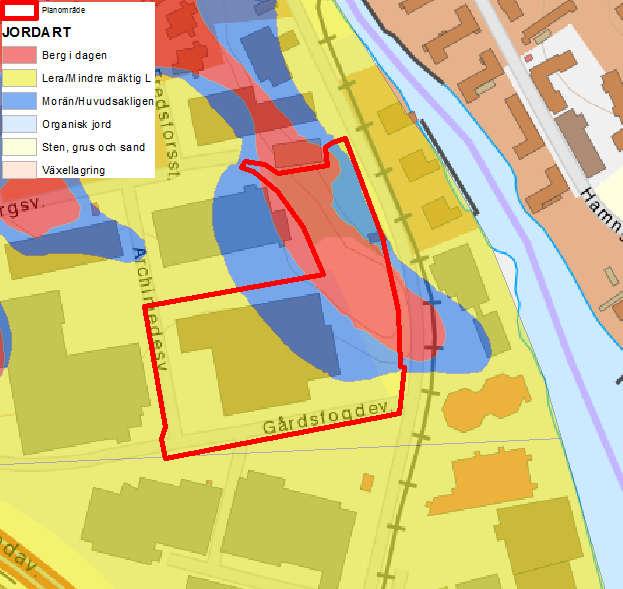 2018-01-31, s 7 (16) Figur 3 Jordförhållanden inom planområdet. Planområdet är markerad med röd polygon, lera med gul färg, morän, blå och berg röd. Källa: Geoarkivet, Stockholm stad.