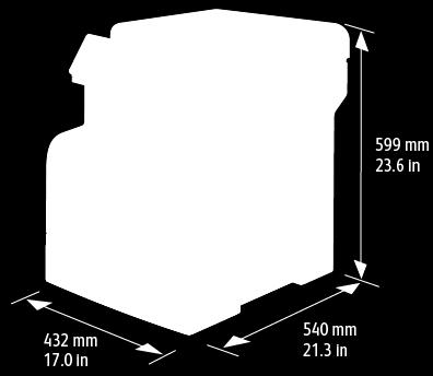 Specifikationer Fysiska specifikationer Vikter och mått Standardkonfiguration Konfiguration med tillvalet arkmatare för 550 ark Bredd 432 mm (17 tum) 432 mm (17 tum) Djup 540 mm (21,3 tum) 540 mm