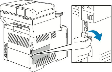 Komma igång 7. Vrid skruven åt höger för att fästa luckan. 8. Anslut skrivaren till datorn med en USB-kabel eller via nätverket med en Ethernet-kabel.