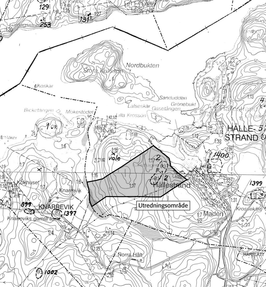 0 500 m Fig. 3. Utsnitt ur Fastighetskartan, blad 10A0g/9A9g, med utredningsområdet markerat. Skala 1:10 000.