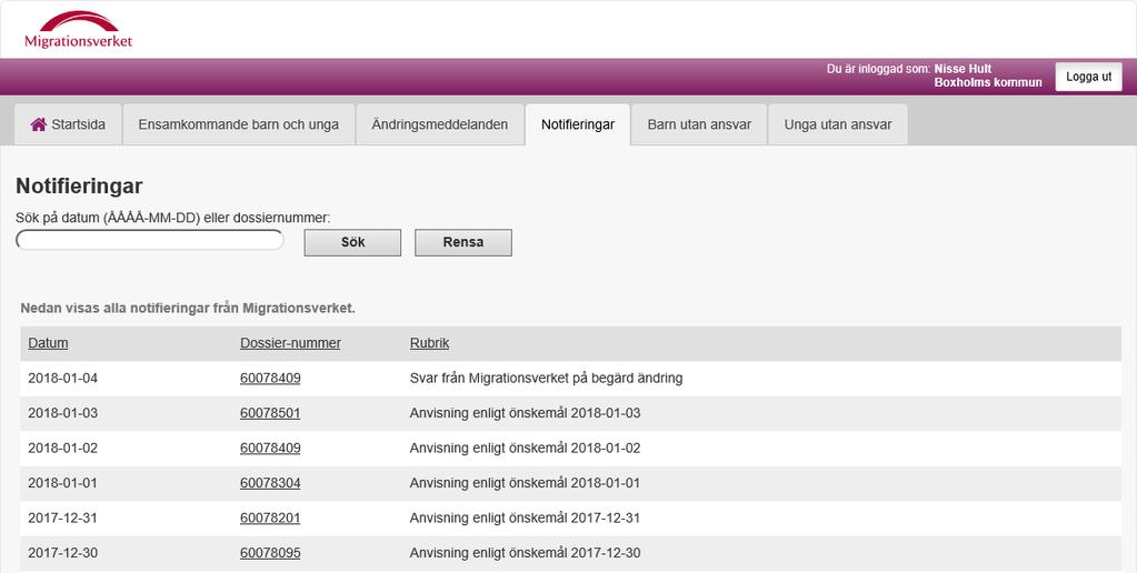 Ett ändringsmeddelande skapas av kommunen med Migrationsverket som mottagare. En notifiering är det motsatta, d.v.s. den skapas av Migrationsverket med kommunen som mottagare.