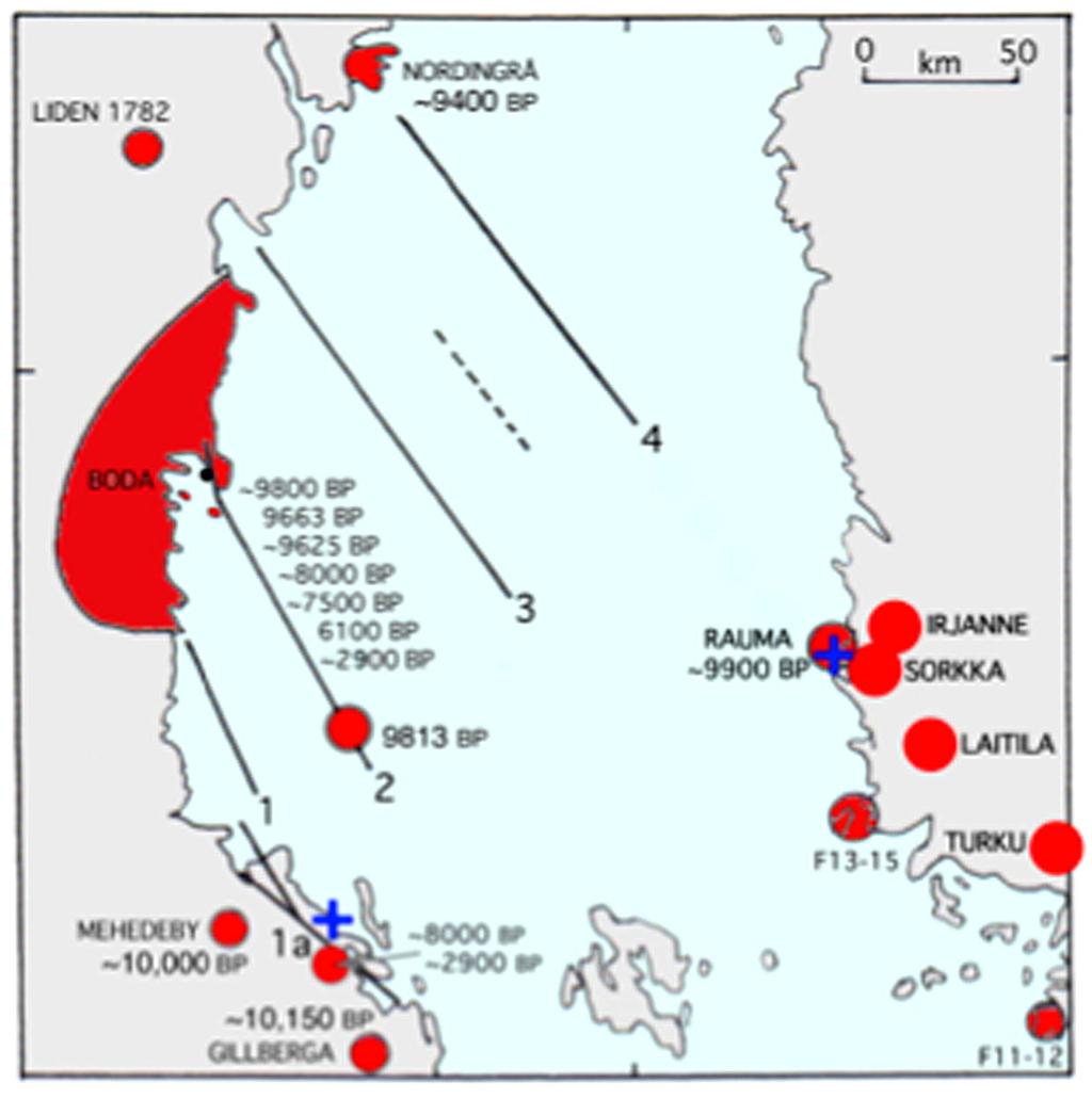 Den gröna zonen anger ett område med 250 km radie runt Forsmark inom det gröna området har 29 stora jordbävningar dokumenterats. Fig. 2. Området runt södra Bottenviken var ett direkt hög-seismiskt område vid tiden för isavsmältning och maximal landhöjning.