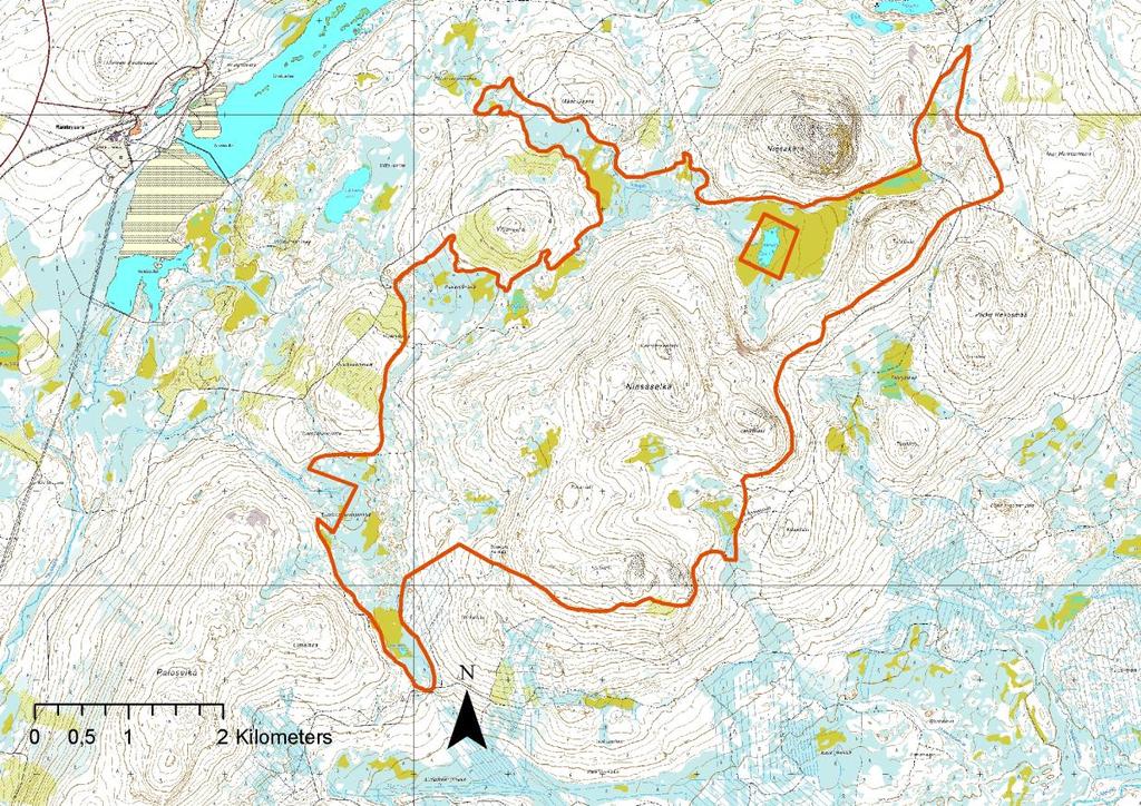 25 7. NATURAOMRÅDENAS NUVARANDE SITUATION 7.1 Niesaselkä (FI1300706, SCI) 7.1.1 Läge och allmän information Niesaselkä Naturaområde, som omfattar 1 950 hektar, ligger cirka 1,5 kilometer sydost om Rautuvaara (bild 7-1).