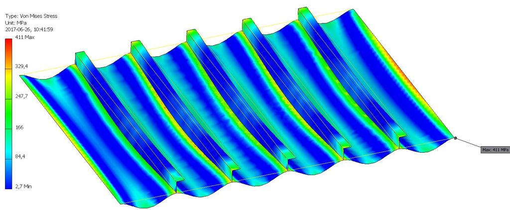 32 Figure 6.2 Von Mises Stress distribution with LC1 The maximum deflection of the panel is 8.8 mm which is 2.2% of the shortest side.