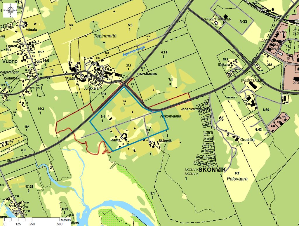 Planområdet (blått) och berörd fastighet (rött) på fastighetskarta.