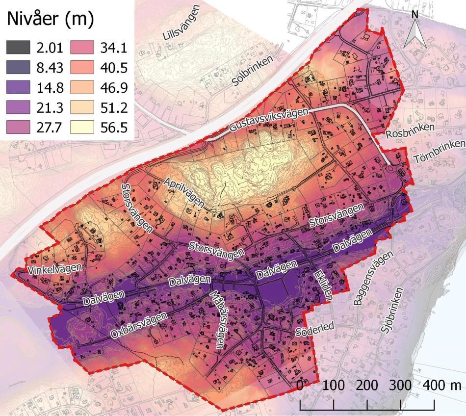 Figur 4. Illustration av nivåer och topografi inom detaljplaneområdet. 2.4.2 Befintligt VA-system Idag har abonnenterna enskilda vattenbrunnar och enskilda va-anläggningar med varierande reningsgrad.