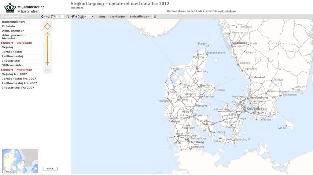 Figur 2. Alla bullerkartläggningar i Danmark läggs in på denna hemsida som är fritt tillgänglig. (http://miljoegis.mim.dk/?profile=noise) 2.