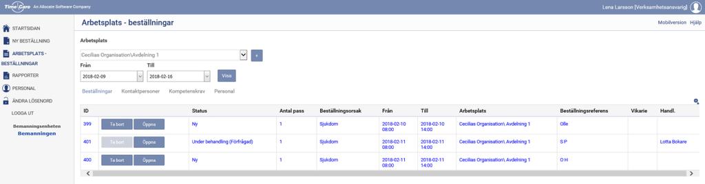 5 Arbetsplats beställningar Klicka på Arbetsplats - beställningar i navigeringsdelen till vänster. Här kan du följa de beställningar som är gjorda för den eller de avdelningar som du ansvar för.