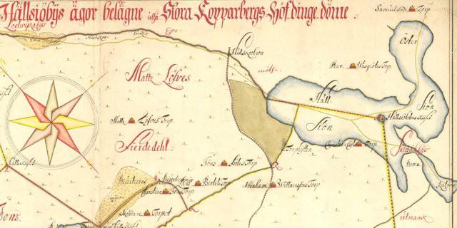 2 Namn Karta från 1700 talet på Hällsjön, notera att Finnviken kallades Östersjön Holmen, ön, kallades på 1700 talet Hällsjöholm och det fanns en gränsmarkering, röse på ön.