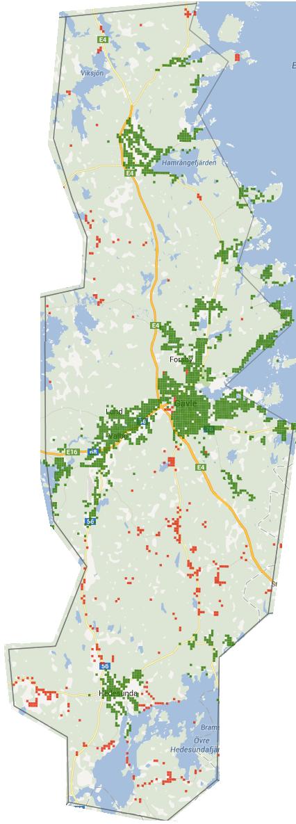 5.5 Tillgång till xdsl Det fasta nät som idag når flest hushåll och företag är telenätet som erbjuder bredband via tekniken xdsl. Kartan till höger visar tillgången till xdsl i Gävle kommun.