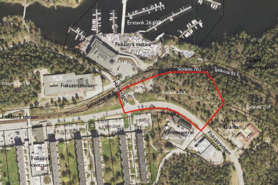 3 Beskrivning av studerat område Projektet omfattar ett område bestående av de två fastigheterna Erstavik 26:1 och Erstavik 26:430.