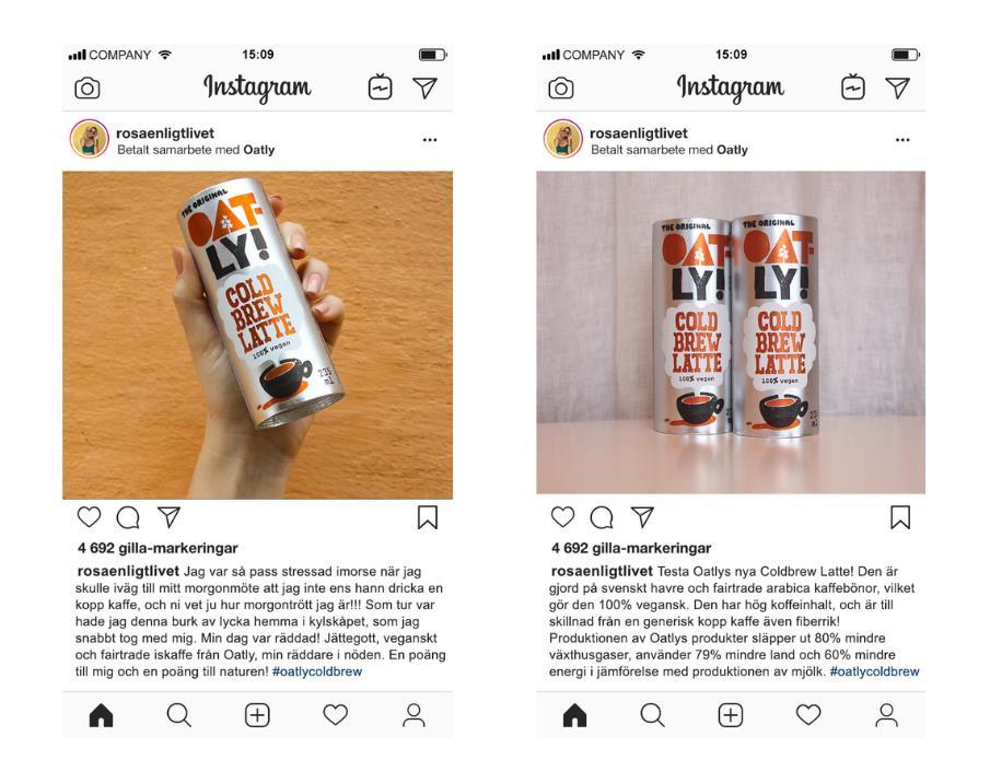 3.1.3 Instagram-inläggets utformning Figur 9 visar de personliga och opersonliga Instagram-inläggen som visades i enkätundersökningen.