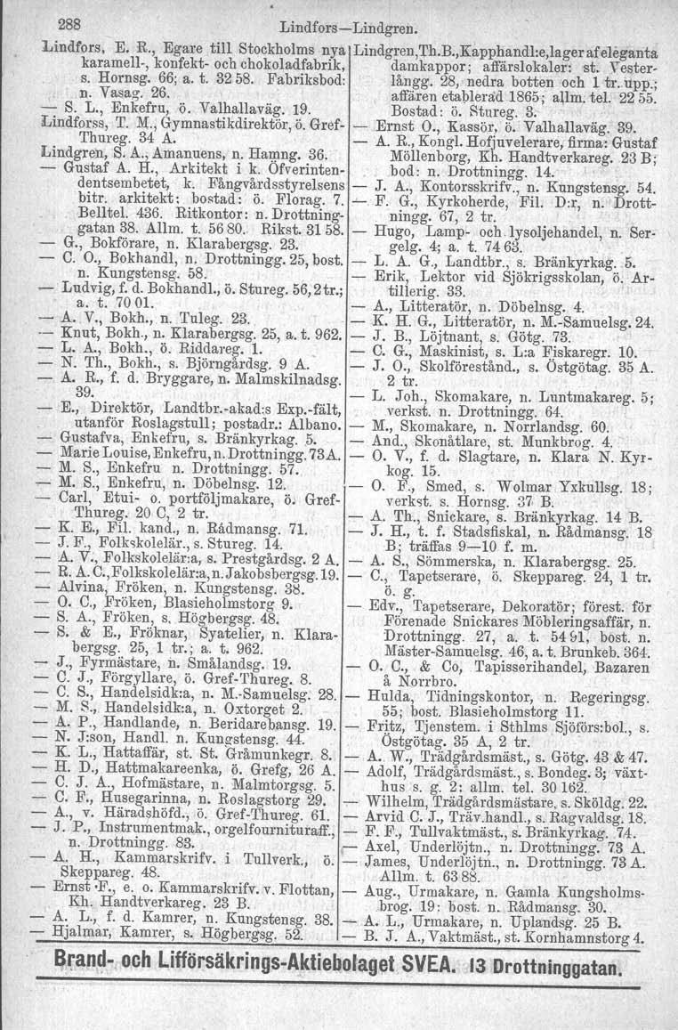 288 LindforsLindgren. Lindfors. E. K, Egare till Stockholms nya Lindgren,Th.B.,Kapphandl:e,lagerafeleganta karamell, konfekt och chokoladfabrik, damkappor; affärslokaler: st. Vesters. Hornsg. 66; a.