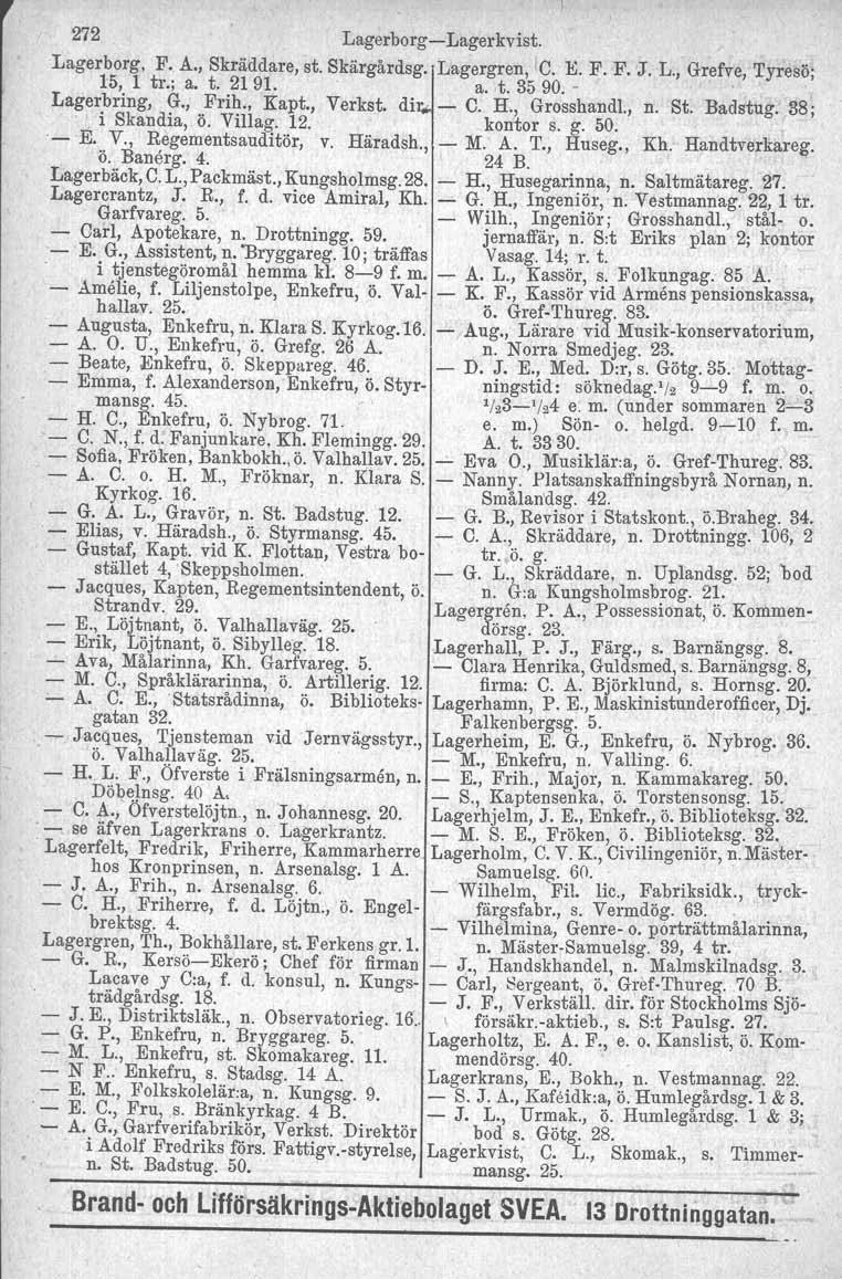 272 LagerborgLagerkvist. Lagerborg, F., A., Skräddare, st. Skärgårdsg.. Lagergren, C. KF. 15, 1 tr.; a. t. 21 91.' a. t. 35 90. F. J. L., Grefve, Tyresö; ' Lagerbring, G., Frih., Kapt., Verkst. di. C. H.