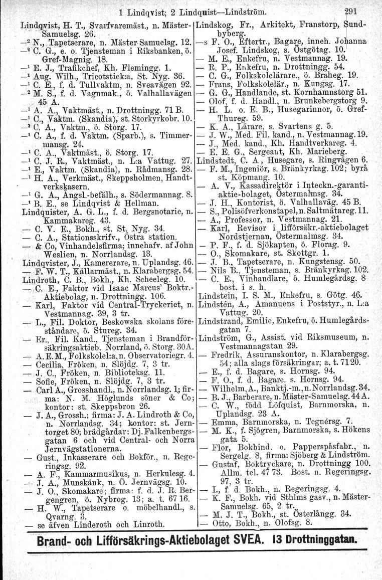 , 1 Lindqvist; 2 LindquistLindström. 191 JJ,i!1~q;visj;,H. T., Svarfvaremäst., n. Mäster Lindskog, Fr., Arkitekt, Franstorp, und, 'Samuelsg. 26... byberg. 2N."Tapetsera~e, n. Mäst~rS.amuelsg. 1~. s F.