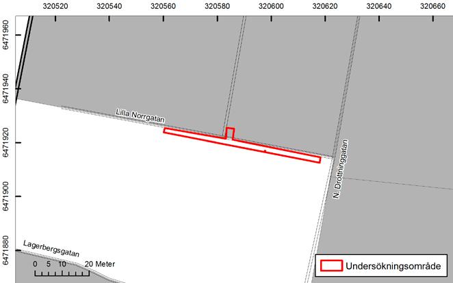 6 Bohusläns museum Rapport 2018:15 Figur 3. Utsnitt ur GSD-Fastighetskartan med platsen för undersökningen markerad. Skala 1 :1 000.