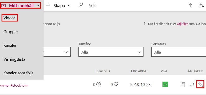 Redigera namn, beskrivning, behörigheter och ta bort video Om du lagt till en grupp/person som inte längre ska ha tillgång eller ska modifiera behörigheterna till en video, kan du