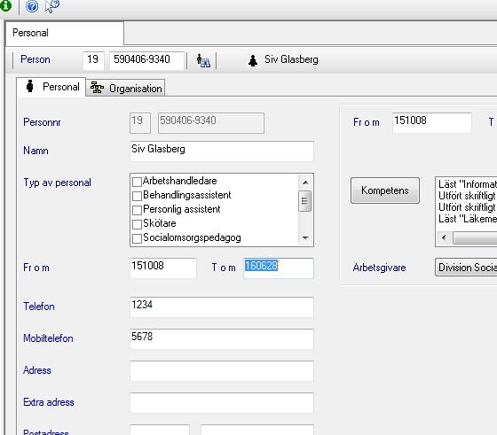 Den markerade personalens uppgifter visas nu i personalbilden och här kan du