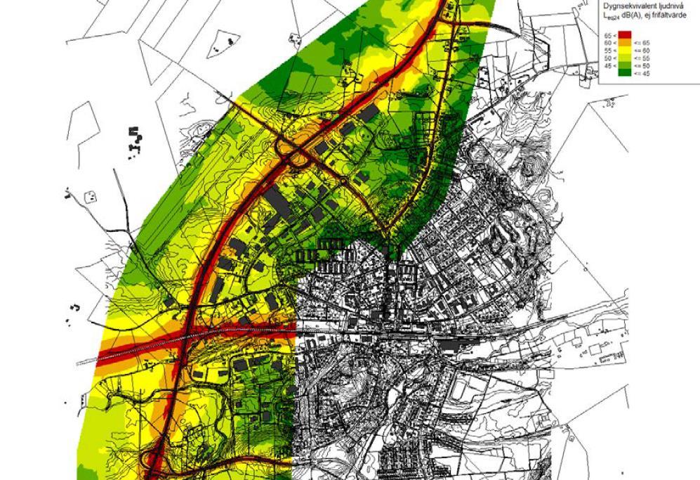 19(22) Bild 9. Bullerkarta som visar nuläget och dygnsekvivalent ljudnivå i db(a) för sammanvägd ljudnivå från väg- och spårtrafik. Kartan visar ljudnivån på höjden 2 m över mark.