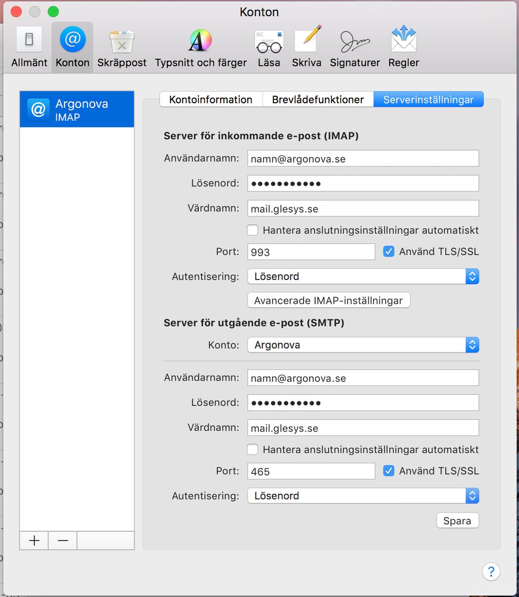 6. Se till att ikonen Konton är markerad. Då visar sig alla befintliga e-postkonton i vänster kolumn. Se till att den e-postadress du precis har installerat är markerat i blått i vänster kolumn.