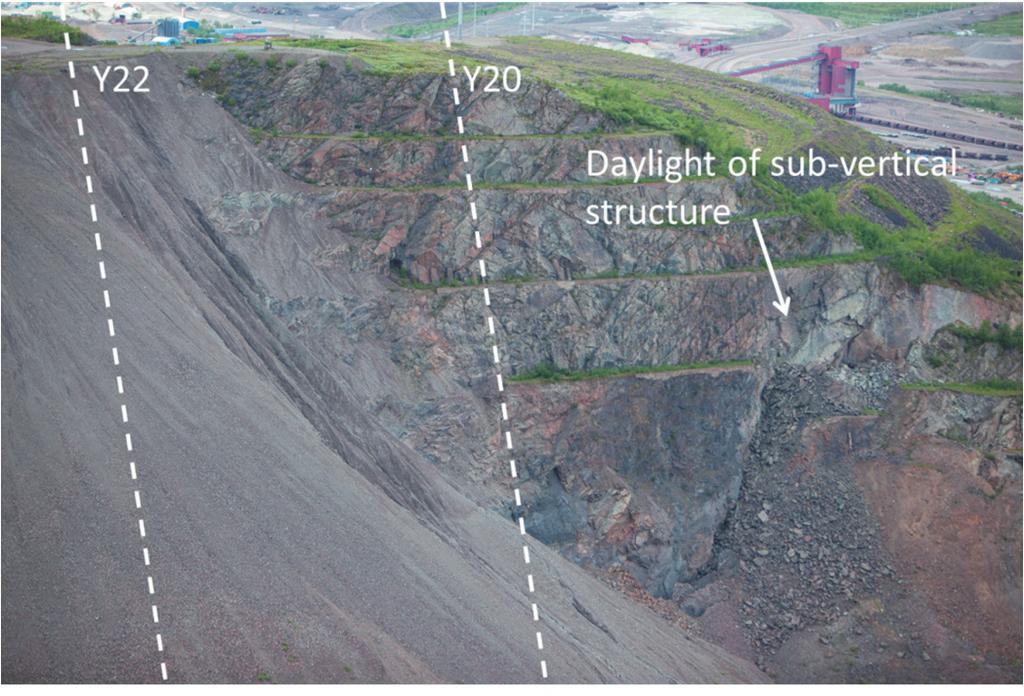 observations Figure 13 Daylight of a sub-vertical structure in the open pit