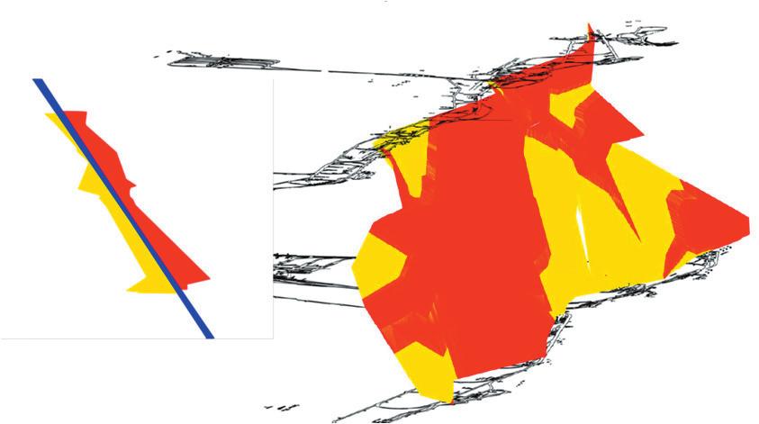 Figure 6 Profile view of the damage surface with construction plane in blue (left) and including layouts of levels 320 and 775 m in black (right) Analysing the coloured surface shows that the shape