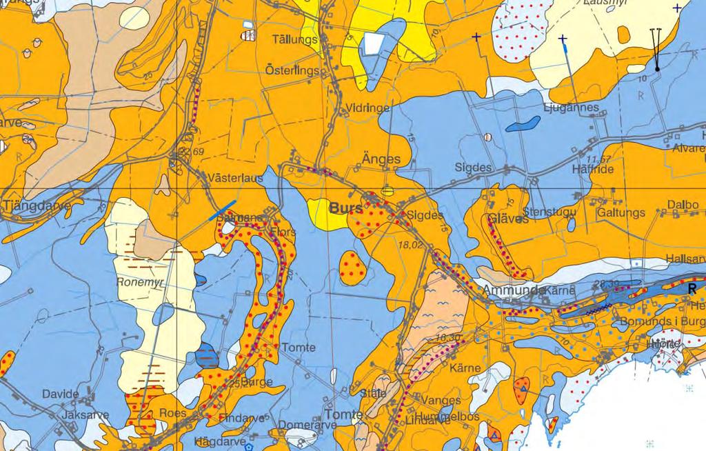 3.3 Geologi Enligt SGU:s jordartskarta (SGU, 2008) utgörs jordlagren i Burs av ett stråk med postglacial svallsand (figur 2). I läget för vattentäkten är materialet grövre och benämns svallgrus.