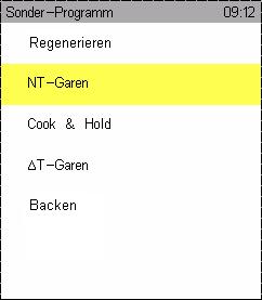 7.2. NT-Garen Wird das Sonderprogramm NT-Garen angewählt, wird innerhalb des Climatic Monitors der NT-Bereich angezeigt. Er liegt unterhalb des gestreiften Bereichs zwischen 30 C und 150 C.