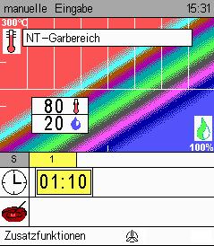 Temp. 30 C 150 C; Feuchte 0 100%. Wird dieser Bereich verlassen, stellt sich das Gerät um auf Standard Garverfahren. So kann dem NT-Garen ein Garschritt vorangestellt werden, z. B. Anbraten.