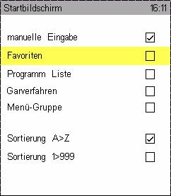 11.2.2 Startbildschirm Es können 5 verschiedene Startbildschirme ausgewählt